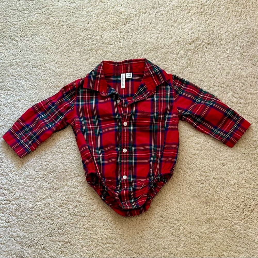 Baby Boy Christmas Red Tartan Plaid Button Down Shirt / Onesie from Janie & Jack